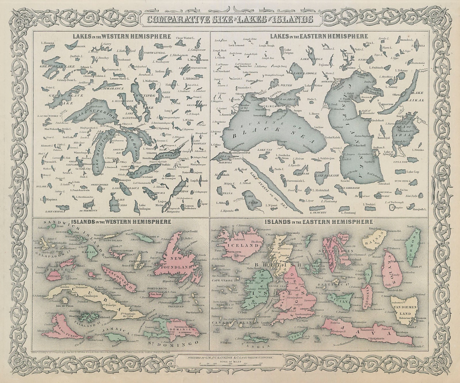 Comparative Size of World's largest Lakes & Islands. COLTON 1869 old map